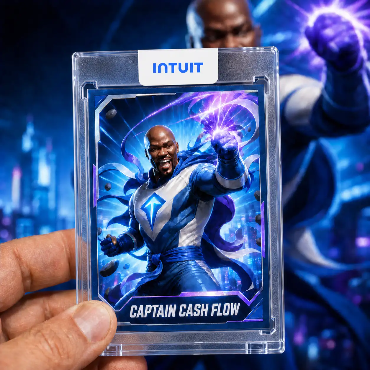 Custom AI trading card featuring a guest's photo and personalized stats